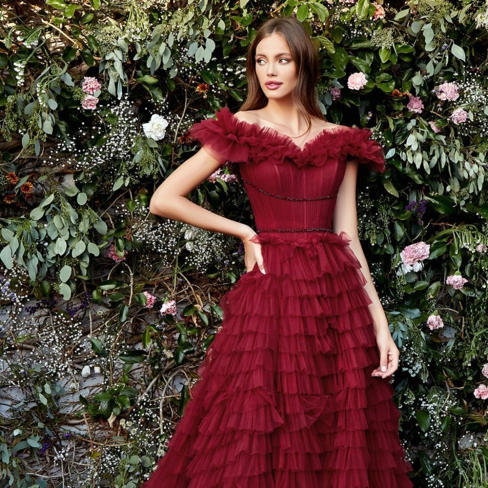 NEW BURGUNDY LONG TULLE OFF THE SHOULDER SLEEVELESS DRESS WITH ZIPPER BACK A1032